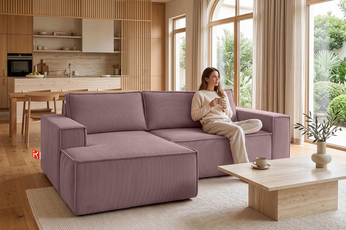 ECKSCHLAFSOFA-LINKS NAPI in Pet Friendly Cord-Stoff, hellviolett - Violett/Schwarz, Textil (262/148cm) - KONSIMO®