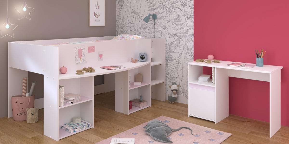 KINDERZIMMER Set 2-tlg. mit Schreibtisch und Hochbett 90 x 200 - Weiß, Holz/Holzwerkstoff (90/104/200cm) - Parisot Meuble
