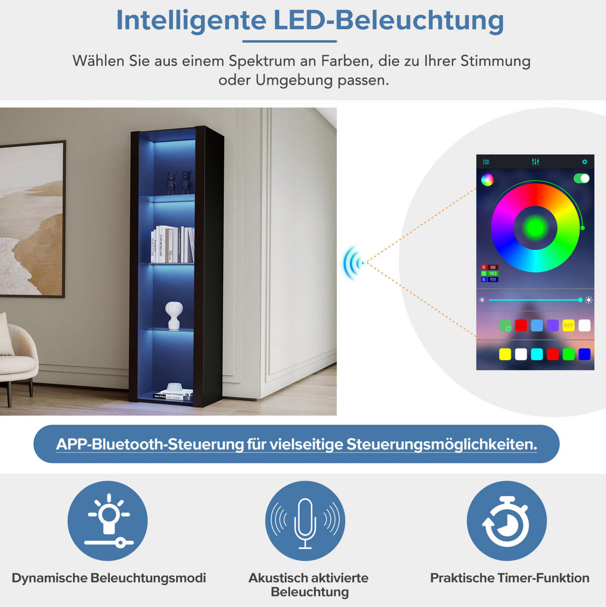 VITRINE 55/38/166 cm Schwarz aus Spanplatte mit LED-Beleuchtung - Schwarz, Holzwerkstoff (38/166/55cm) - OKMYHOME