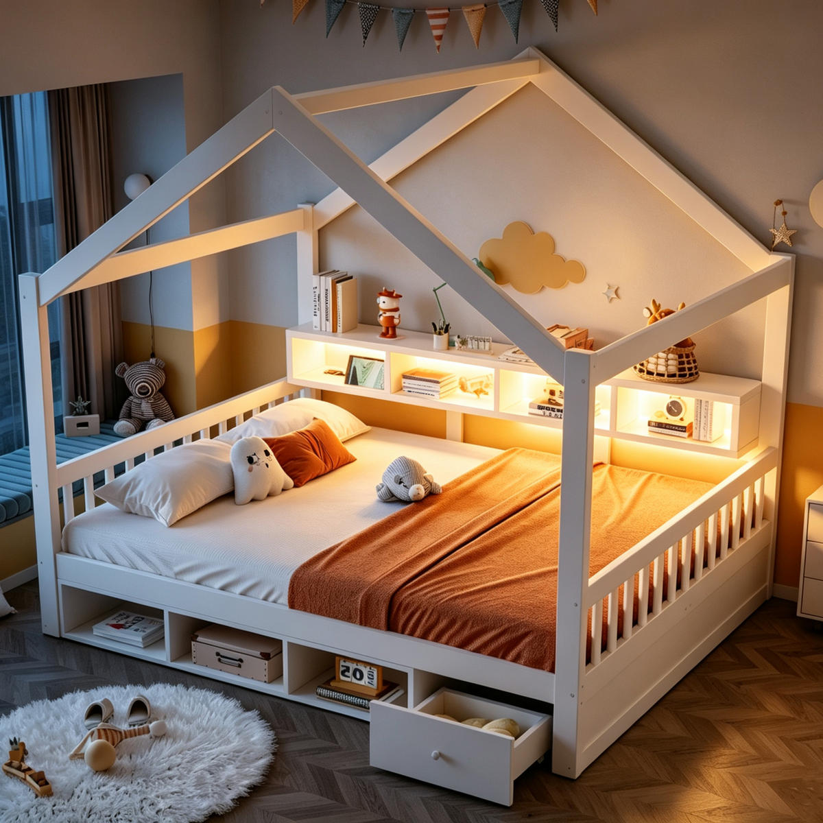 HAUSBETT 140/200 cm mit Dachrahmen, Stauraum und LED, DE-41651, in Weiß - Weiß, Holzwerkstoff (140/200cm) - ComfortXL
