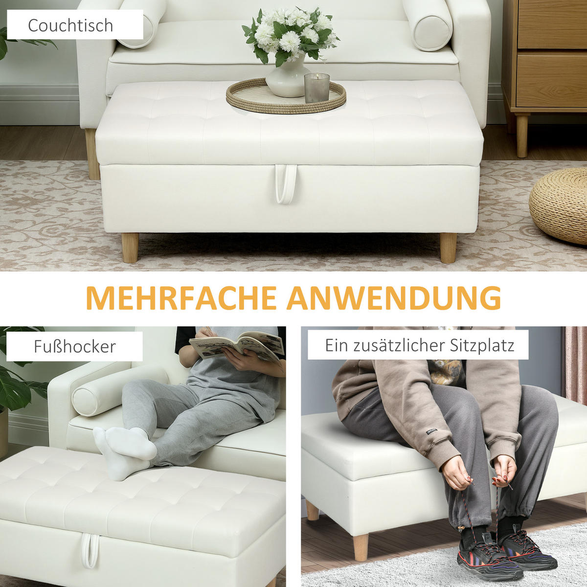 SITZBANK mit Stauraum Sitztruhe mit Samtoptik, Bettbank mit Holzbeine Creme - Creme/Naturfarben, Holz/Textil (50/43/115cm) - HOMCOM