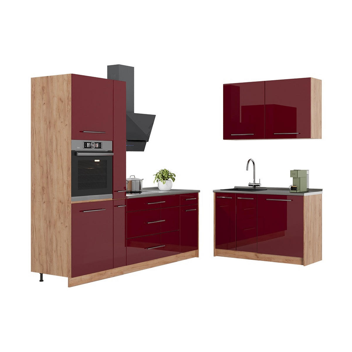 KUHINJA Fame-Line, Bordo visokog sjaja/Hrast zlatnog tona, 220 x 120 cm, RP Mramor - hrast medunac/bordo, drvni materijal (220/206.8/60cm) - Vicco