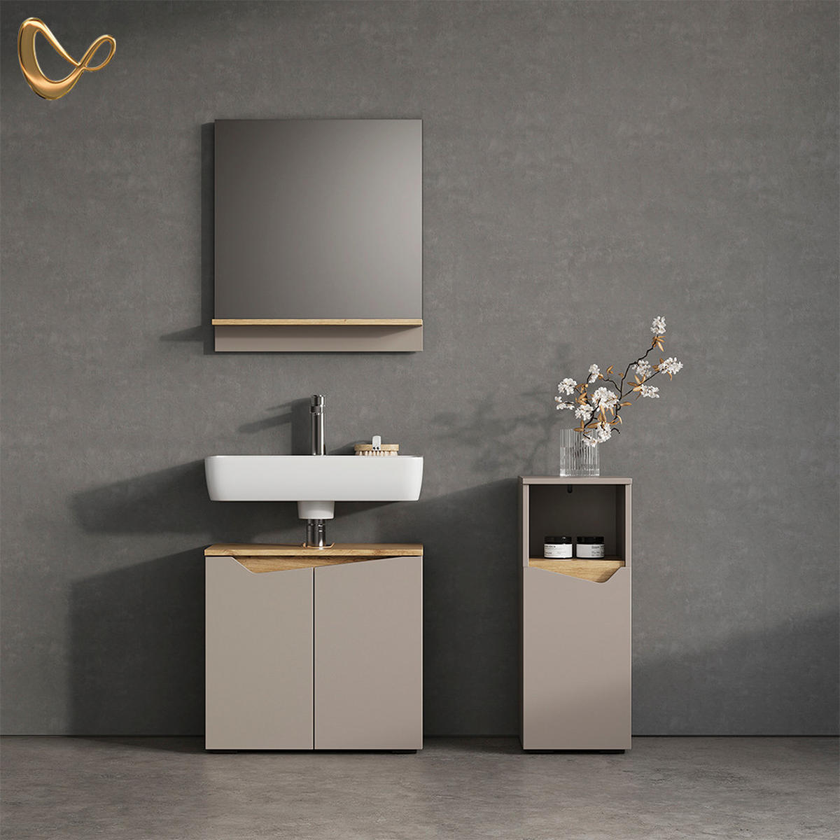 MIDISCHRANK Timavo Greige 30 x 74.5 cm mit Tür und offenem Fach - Greige, Holzwerkstoff (30/74.5/35cm) - Livinity®