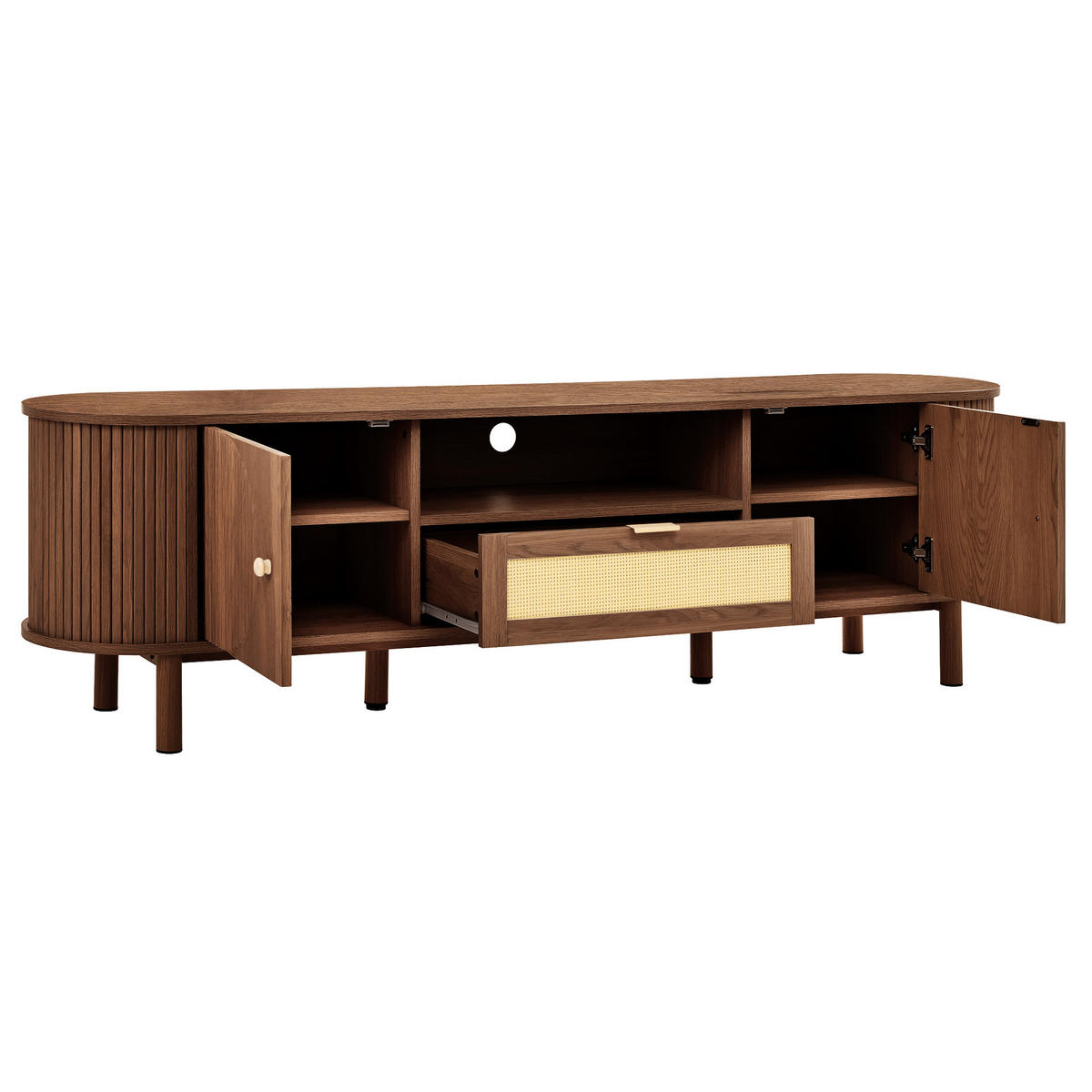 TV-SCHRANK 175 cm Nussbaum MDF mit Rattan-Schublade, offenen Fächern und Runddesign - Walnussfarben, Holzwerkstoff (175/51/36cm) - Urban Meuble