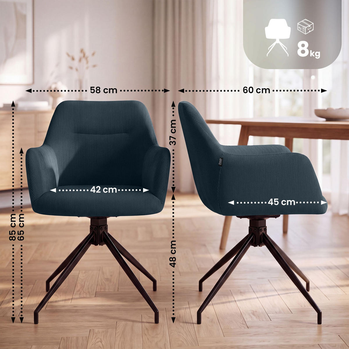ESSZIMMERSTUHL Cord Dunkelblau - Schwarz/Dunkelblau, Textil/Metall (58/85/60cm) - CLP