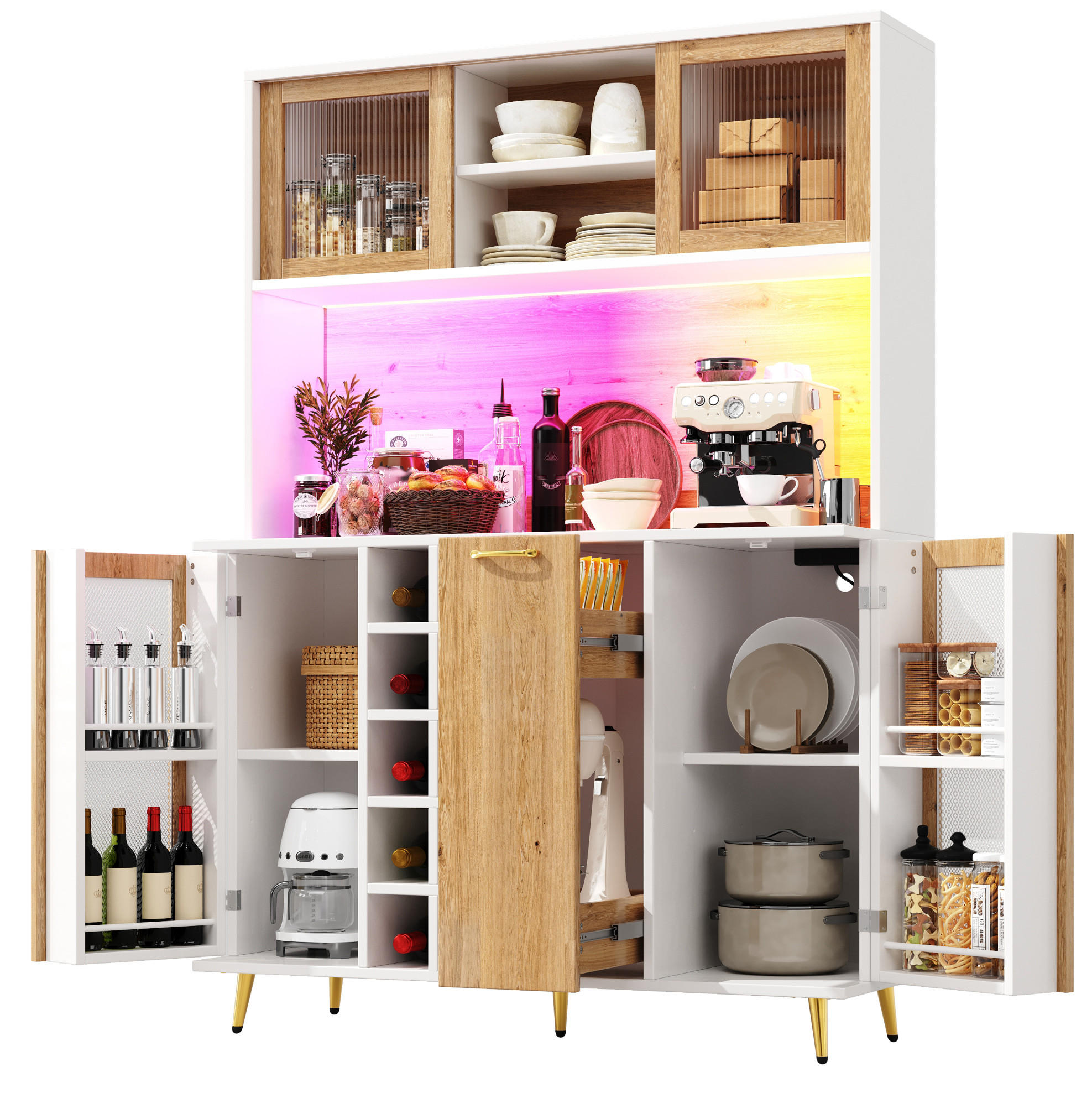 SIDEBOARD, 120/40/170 cm, MDF bílá/dekor dřeva, s LED osvětlením a zásuvkou - bílá, kompozitní dřevo (120/170/40cm) - BEAOK