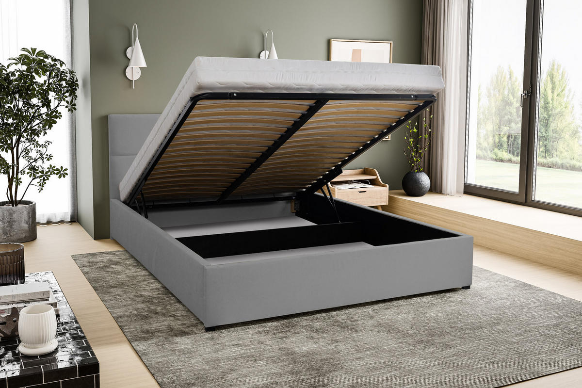 POLSTERBETT BETTY mit Kopfteil, 140 x200 cm, Doppelbett mit Bettkasten und Lattenrost aus Velourstoff, Velourstoff, Frabe: Grau - Grau, Holz/Kunststoff (140/200cm) - VENASI MÖBEL