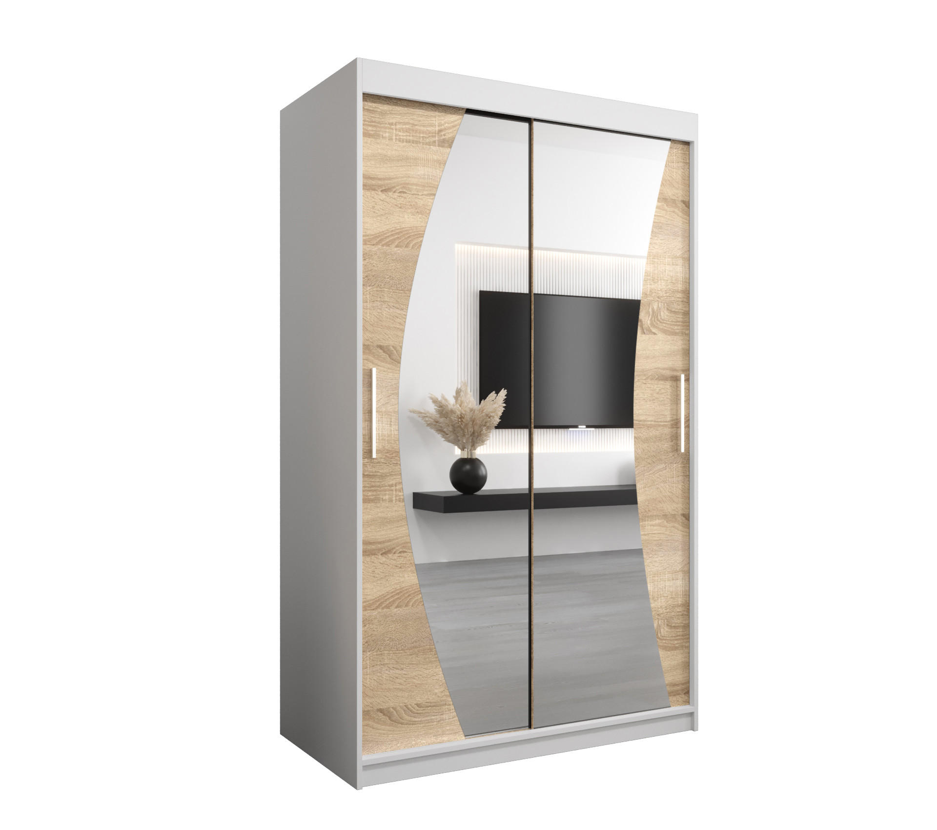 Abiks Möbel Schwebetürenschrank Weiß, Sonoma Eiche 120x200x62 cm