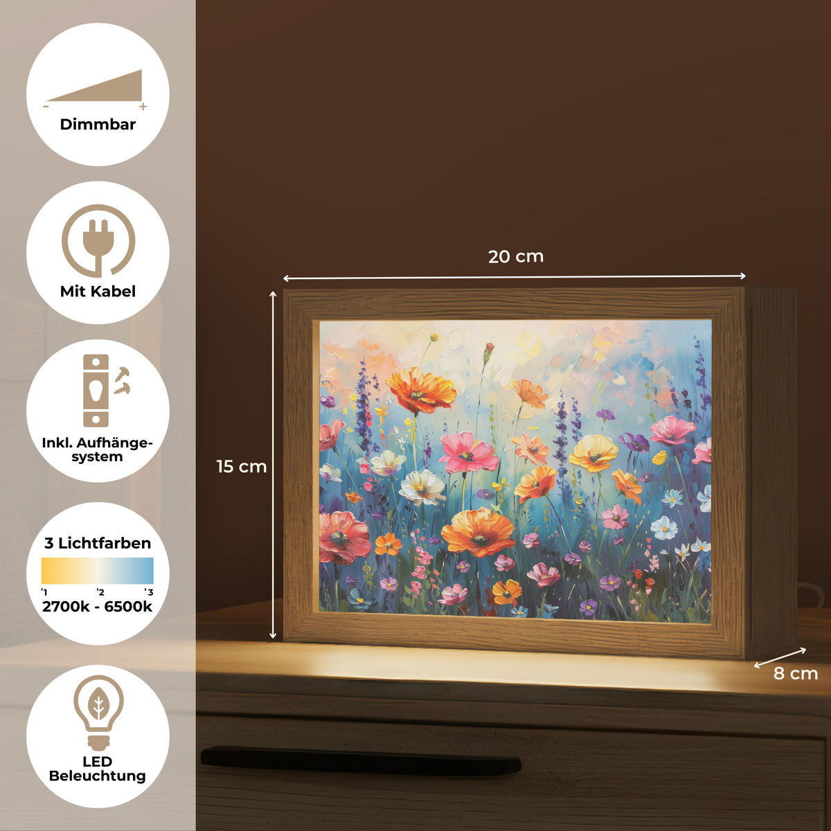 NÁSTĚNNÁ LAMPA Květiny - Příroda - Akvarel - Umění 20x15 cm - různobarevná, kompozitní dřevo (20/15/8cm) - OnlyWow