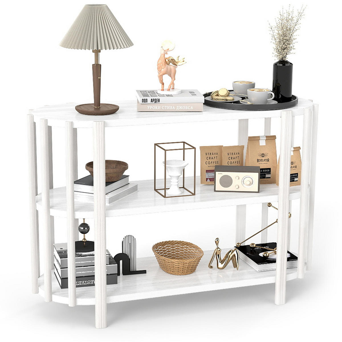 OVALER Couchtisch mit 3 Ablagen – Wohnzimmertisch in Holzoptik, MDF, 114 × 38 × 75 cm, Weiß - Weiß, Holzwerkstoff (114/38/75cm) - Ej. Life