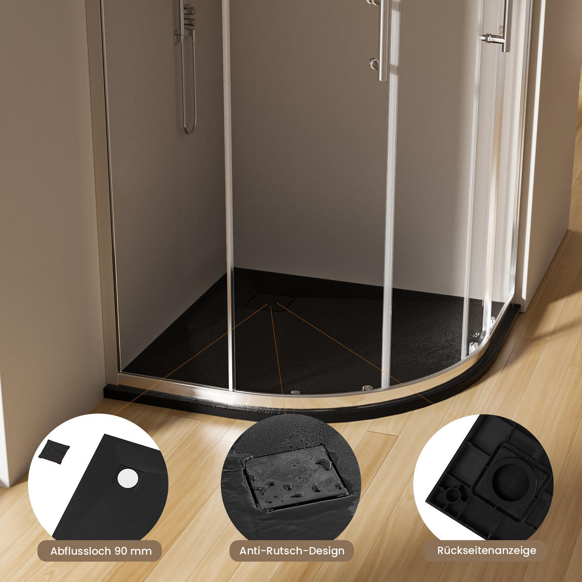 DUSCHTASSE Viertelkreis inkl. Ablaufgarnitur Schwarz 80/80 cm - Schwarz, Naturmaterialien (80/2.6/80cm) - EMKE