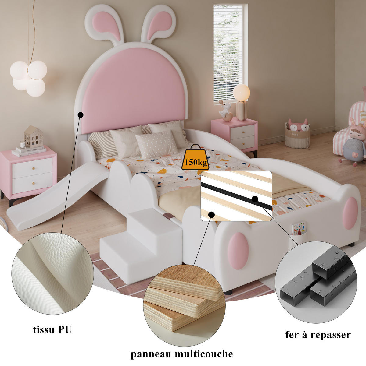 KINDERBETT 90/200 cm Weiß/Rosa aus PU mit Rutsche und Treppe - Pink, Kunststoff (90/200cm) - OKMYHOME