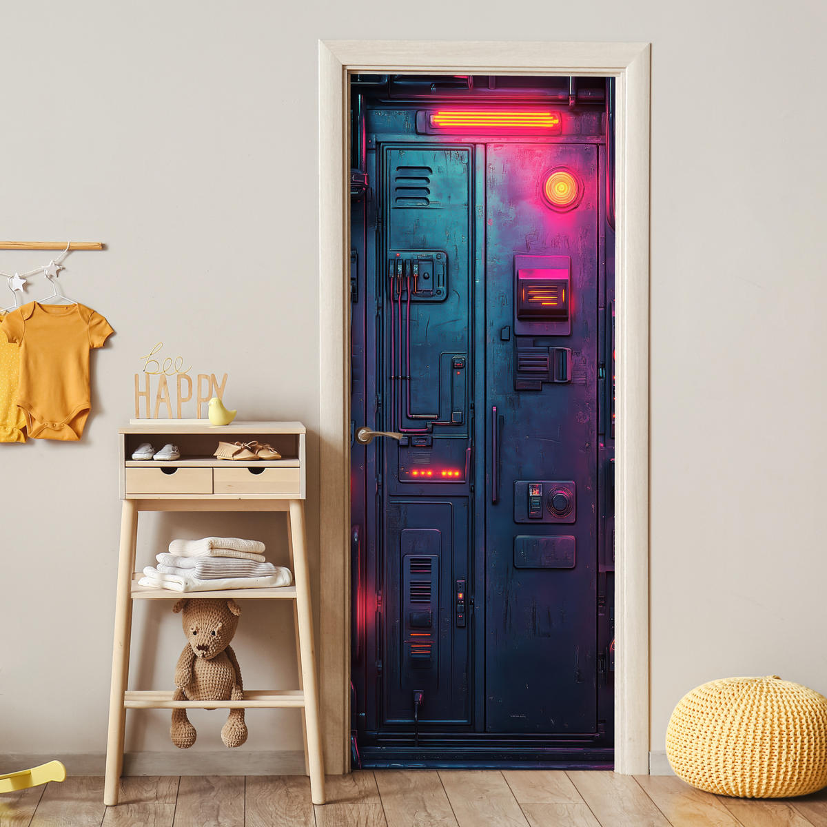 NÁLEPKA NA DVERE Dvere - futuristické - modré - ružové - neónové 90x235 cm - antracitová, plast (90/0.1cm) - MuchoWow