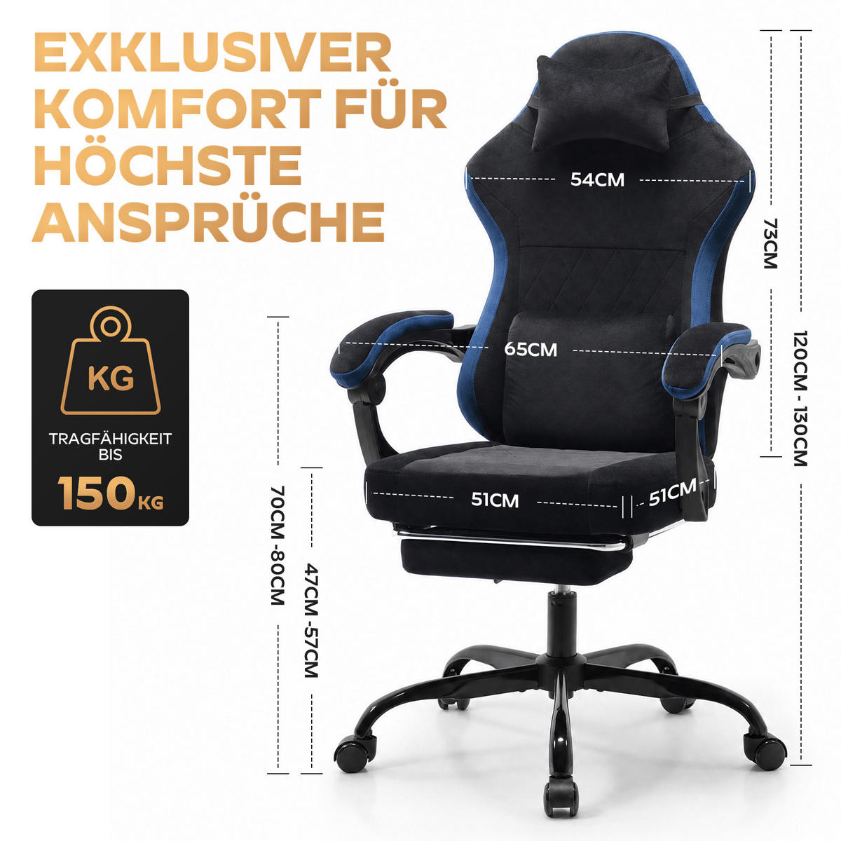 GAMINGSTUHL DE-40995 mit Nackenkissen und Rückenkissen Schwarz/Blau - Blau, Metall (58.5/120.5/63cm) - ComfortXL