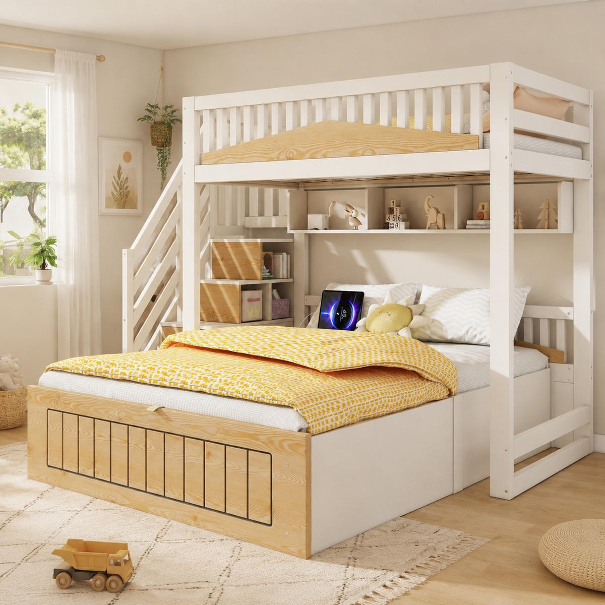 ETAGENBETT 90/200+140/200 mit Treppenschrank, Stauraum und USB-C in Weiß und Natur - Weiß/Naturfarben, Holz/Holzwerkstoff (140/200cm) - EVRYAE