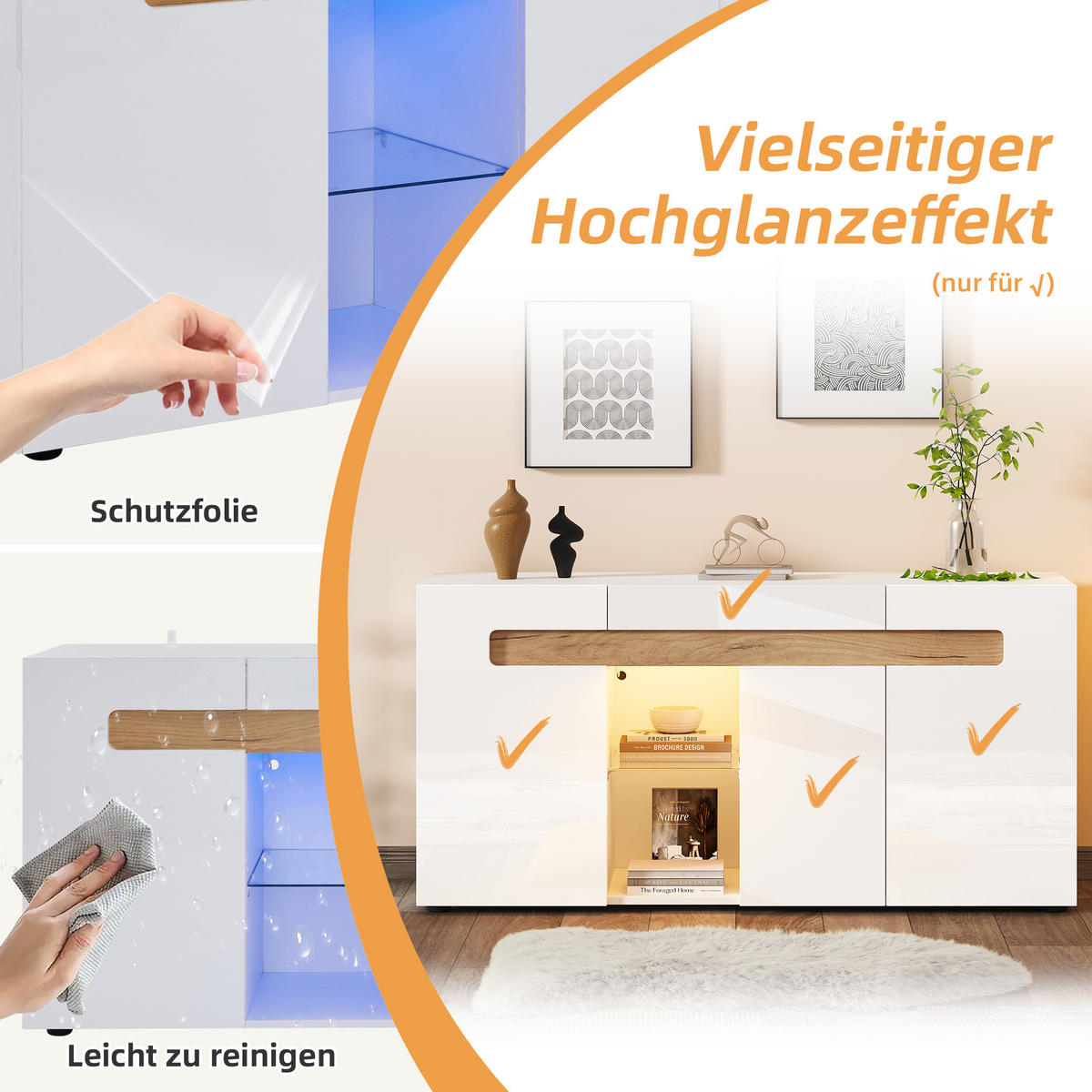 SIDEBOARD LED Weiß 3 Türen App Glas 140x40x70cm Hochglanz - Multicolor, Holzwerkstoff (40/70/140cm) - FLIEKS