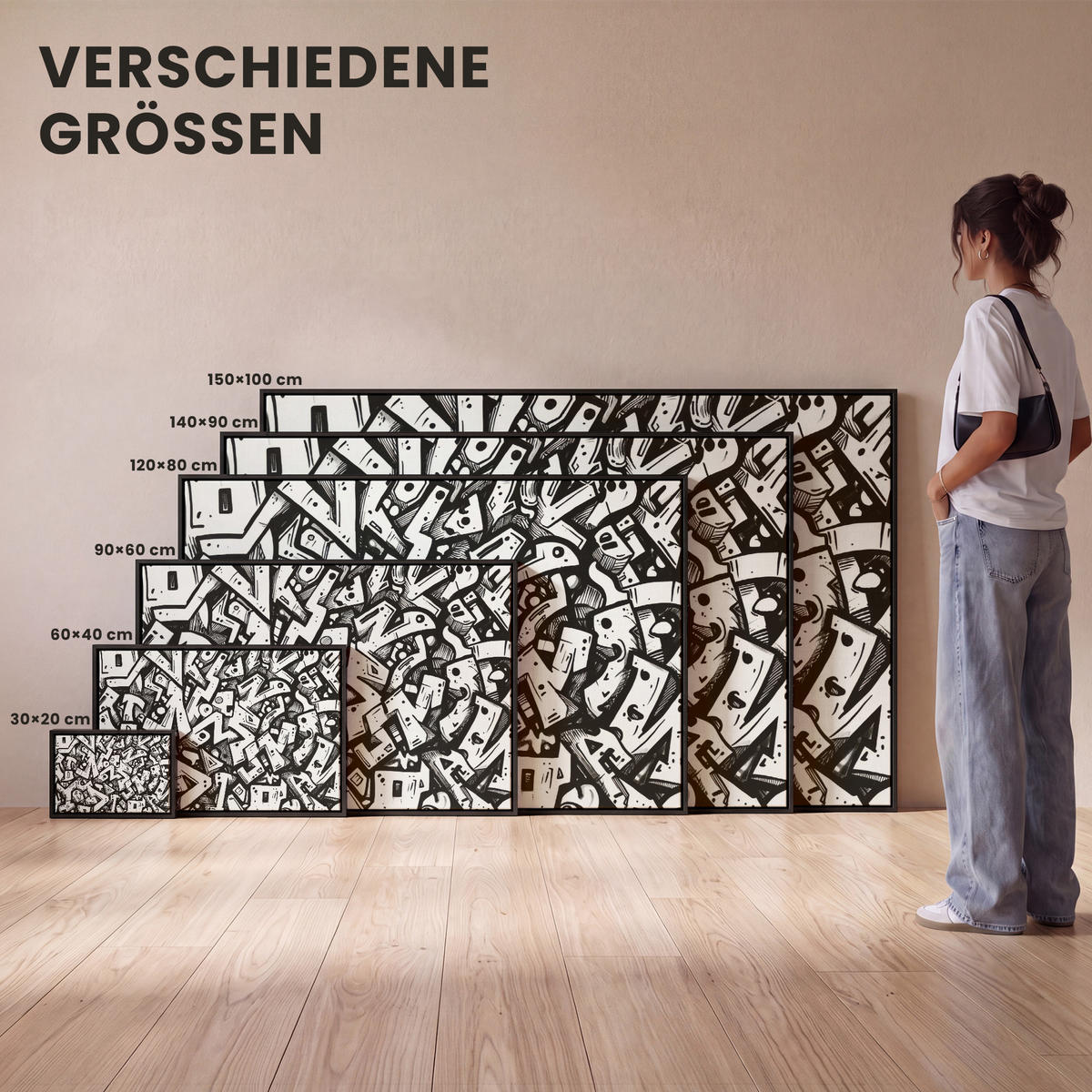 LEINWAND Bilder mit Rahmen - Formen - Buchstaben - Graffiti - Schwarz - 140x90 - Schwarz, Textil (140/90cm) - MuchoWow