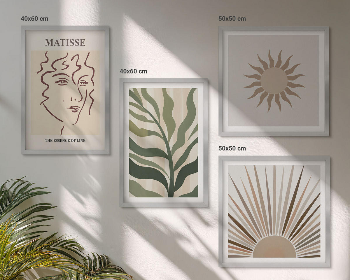 WANDBILDER 4er Set - 50x50 cm & 40x60 cm Silberner Rahmen - Abstrakte Pflanzenmuster - Silberfarben, Kunststoff (50/50cm) - ArtPrintCave