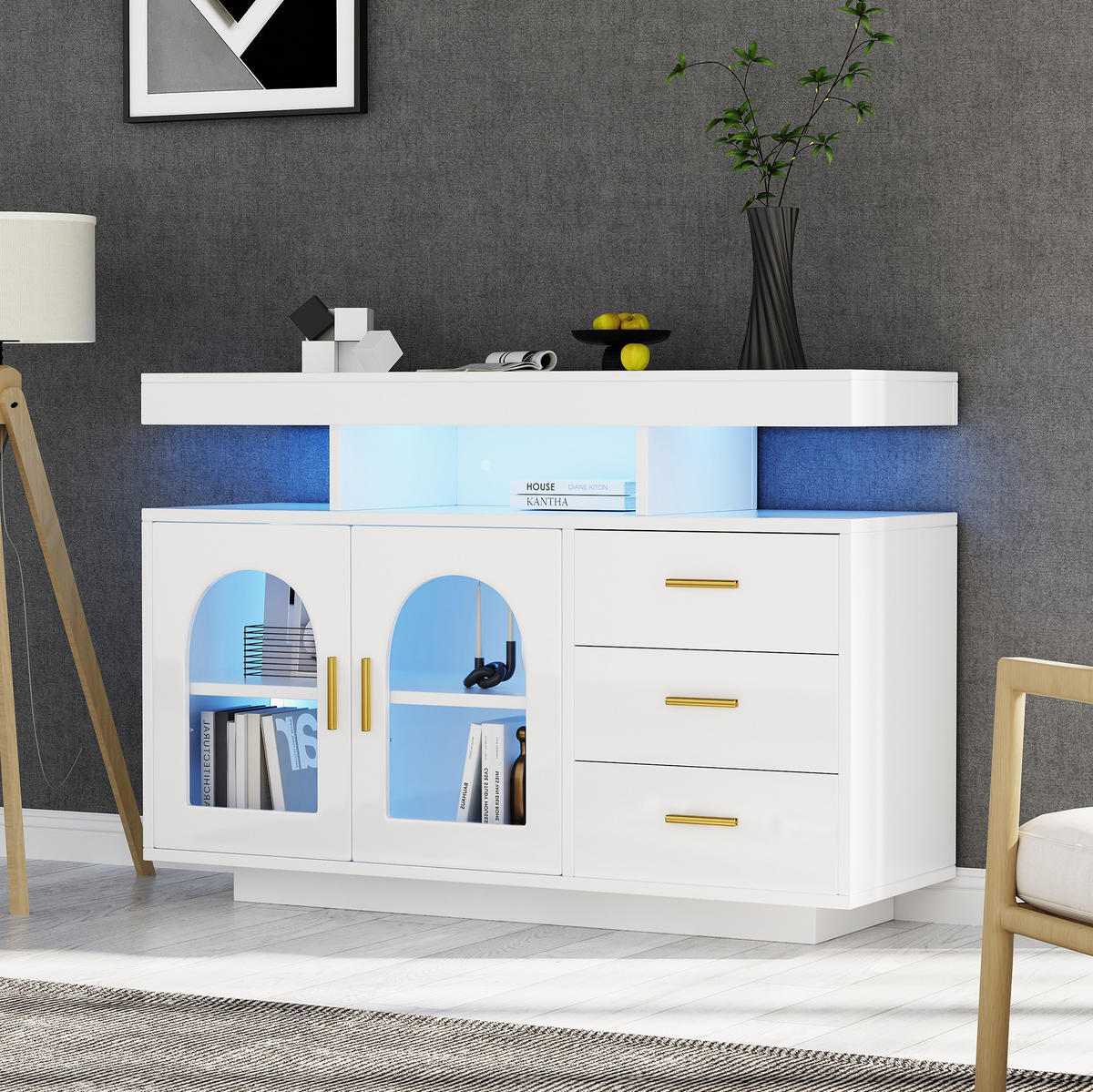 BOČNÍ skříň 120/40/80 cm bílá z dřevotřísky a akrylu s LED osvětlením a úložným prostorem - bílá, kompozitní dřevo (120/80/40cm) - OKWISH
