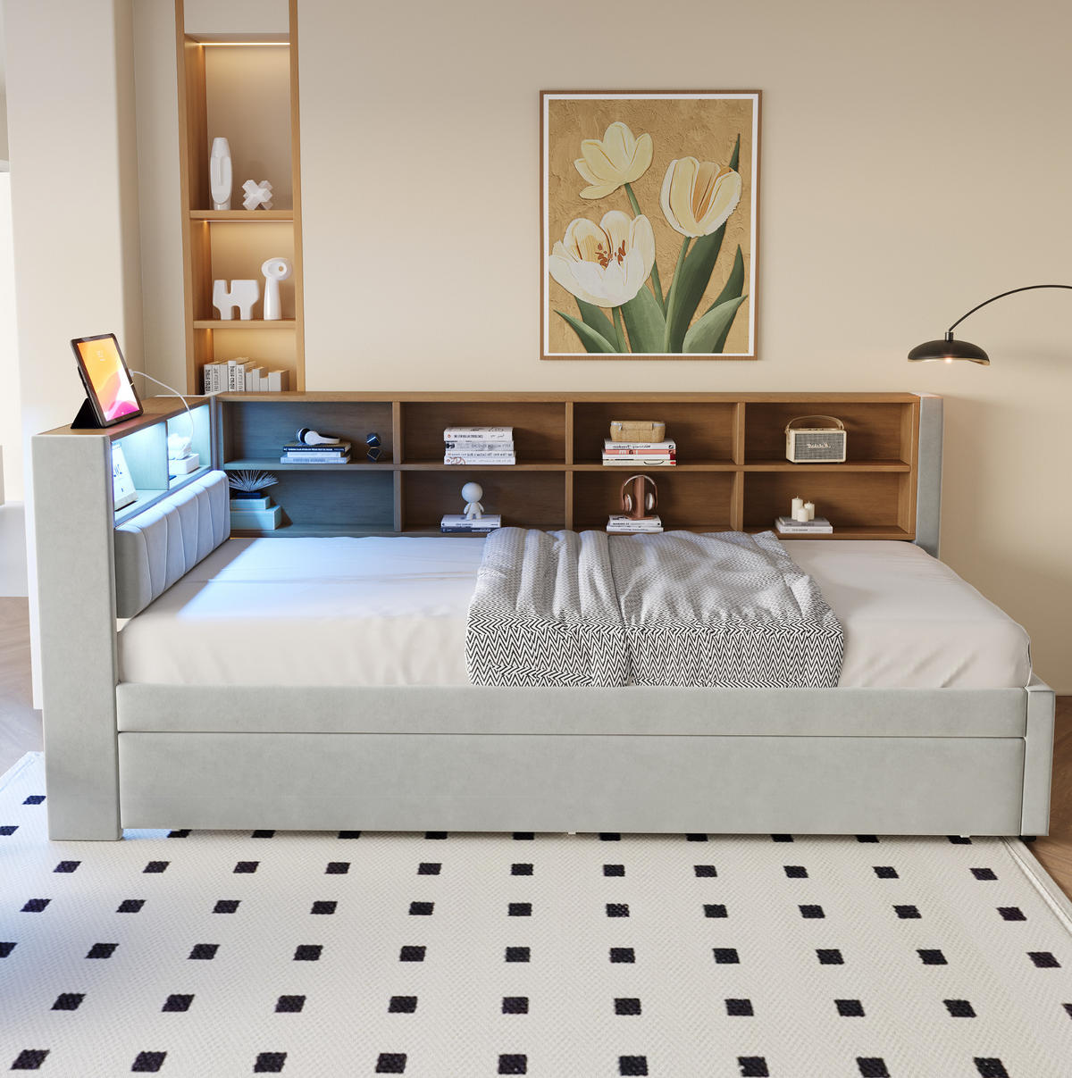 BETT 90/200 cm mit Ausziehbett, LED und Stauraum in Hellgrau - Hellgrau, Textil (90/200cm) - BEAOK