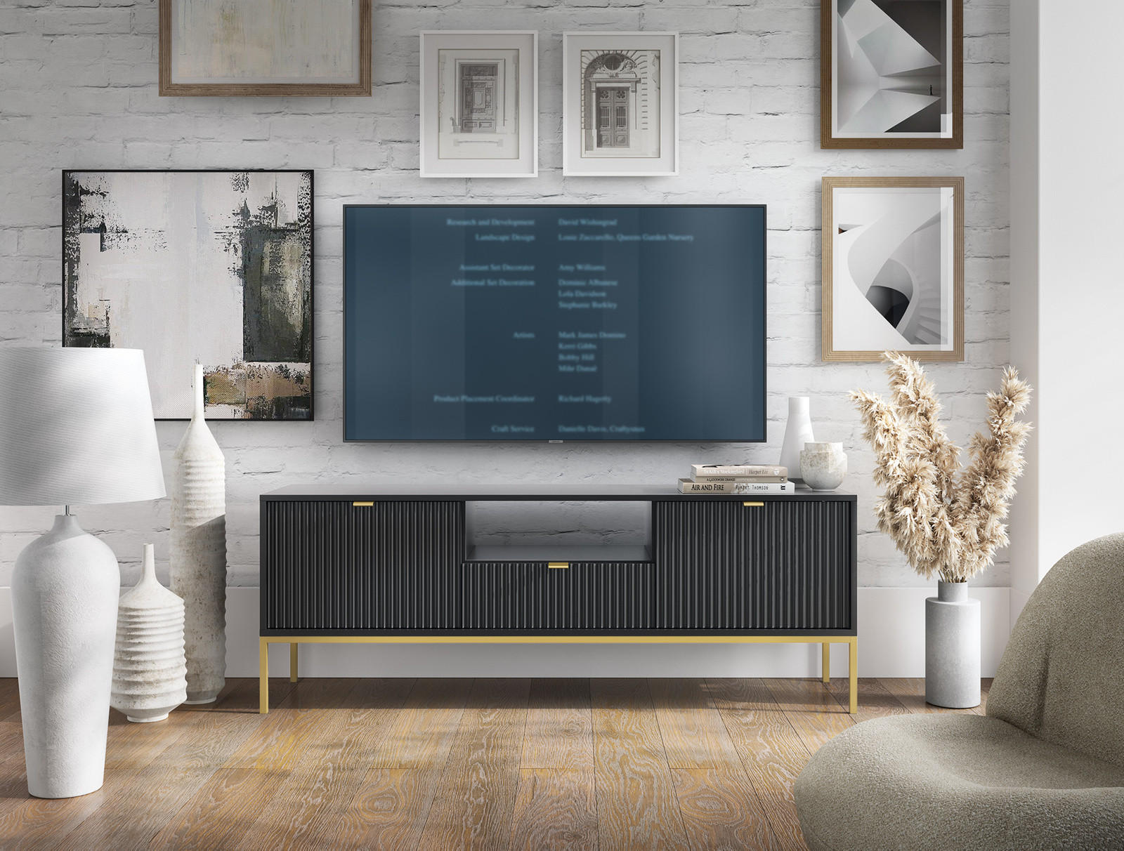 LOWBOARD Kioto RTV 154 cm in Schwarz mit goldenen Füßen - Goldfarben/Schwarz, Holzwerkstoff/Metall (154/56/39cm) - Ravio