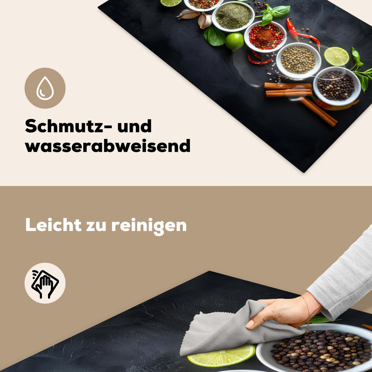 HERDABDECKPLATTE Kräuter - Gewürze - Konkrete Optik - Stilleben Ceranfeldabdeckung 90x52 cm - Multicolor, Kunststoff (90/52/0.2cm) - MuchoWow