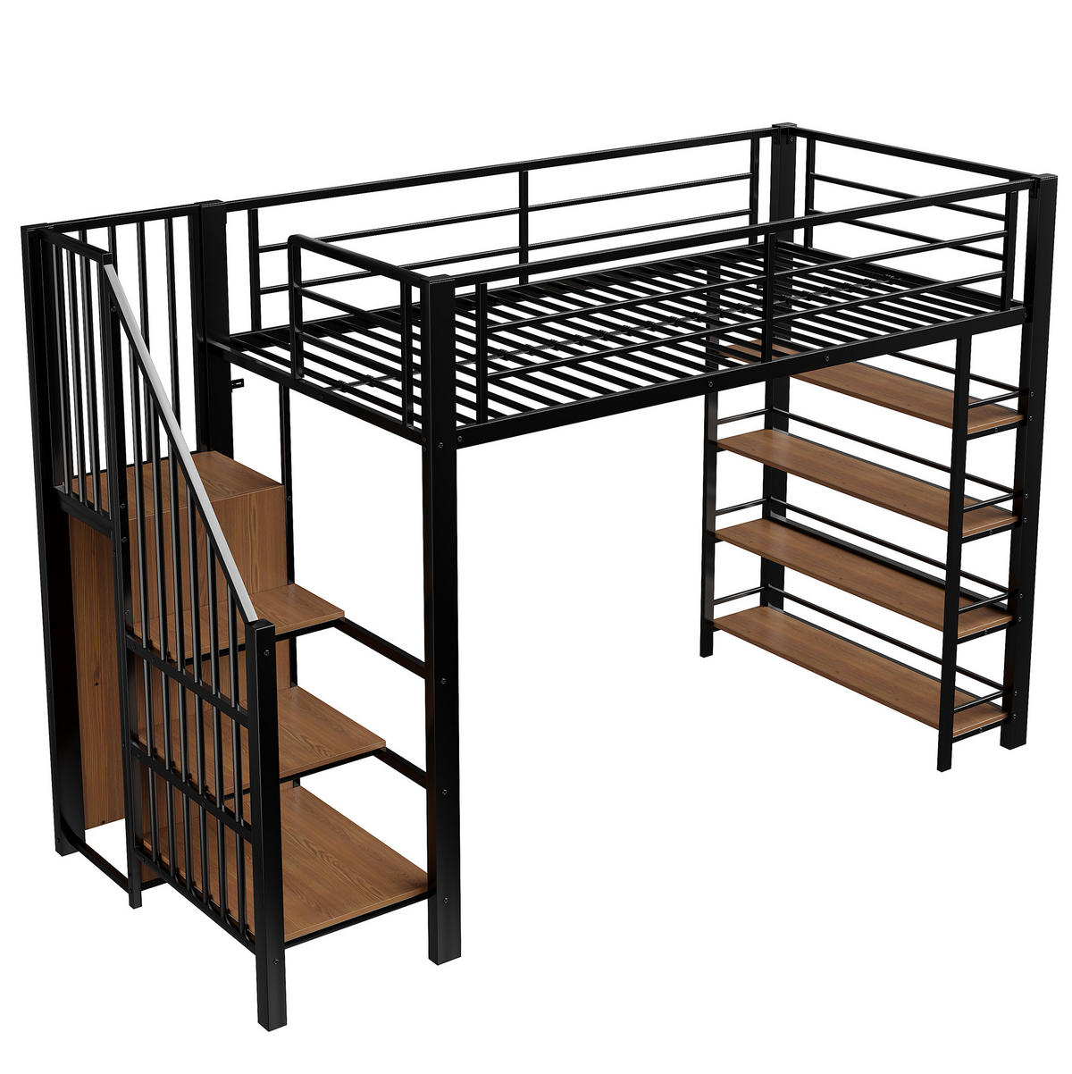 HOCHBETT aus Metall und MDF 90x200 cm Schwarz mit Treppe, Stauraum, Kleiderschrank und hohem Schutzgitter - Schwarz, Metall (140/200cm) - Modfu