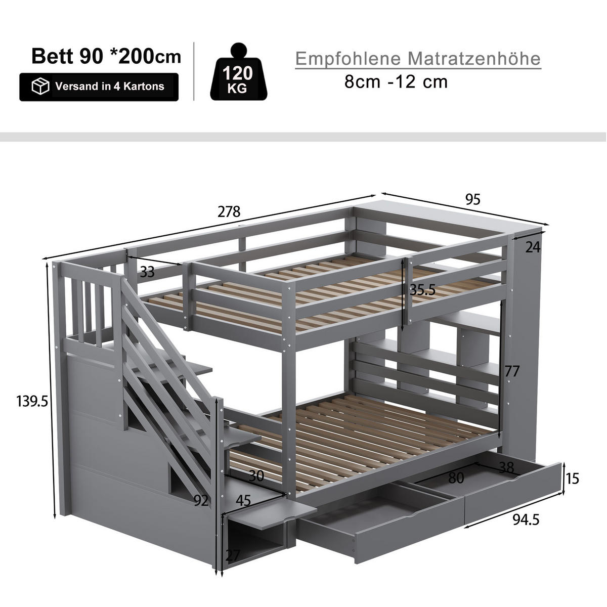 ETAGENBETT 90x200 cm Treppe Schubladen grau - Grau, Holz (90/200cm) - LEBENLANG