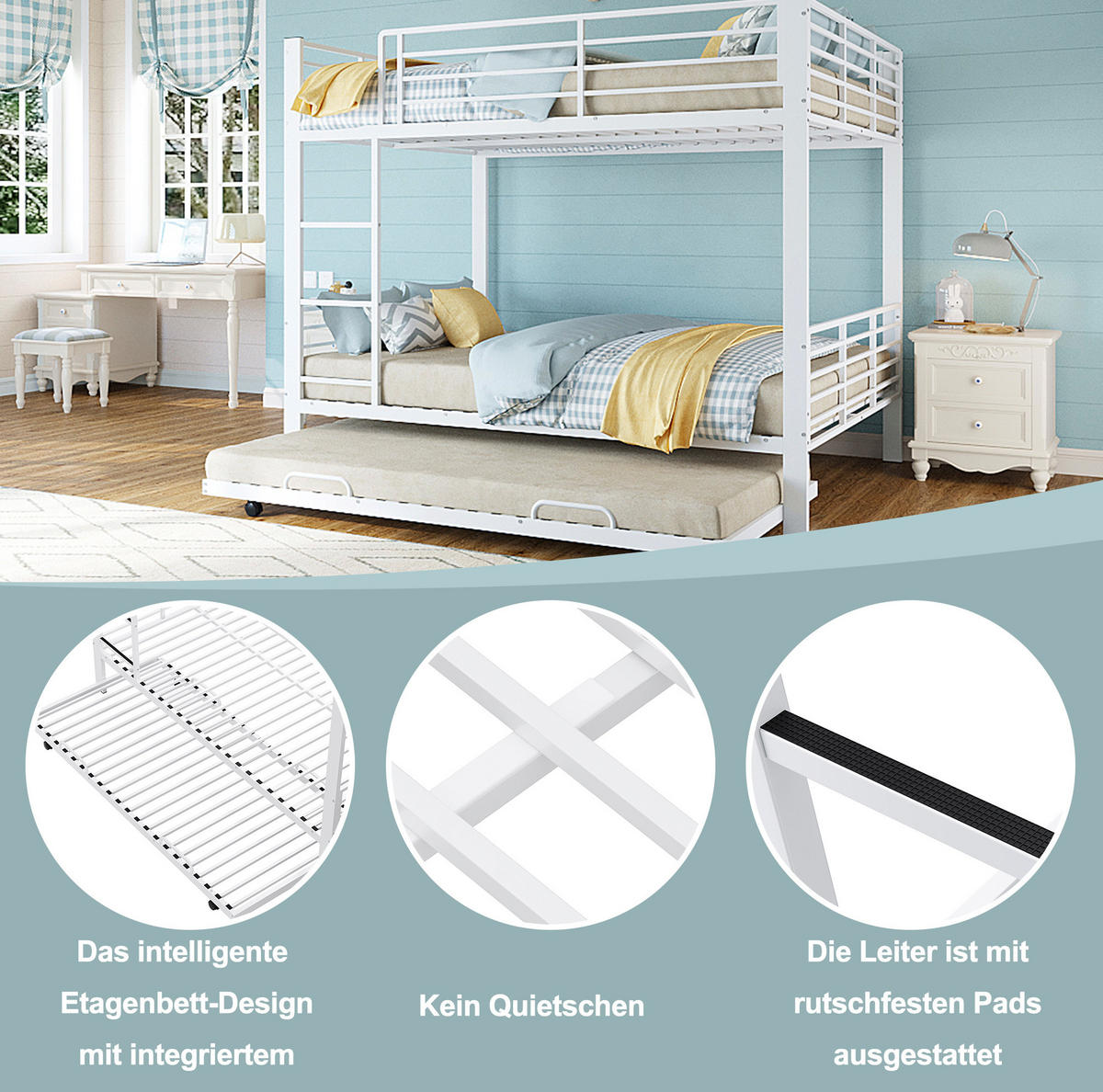 ETAGENBETT 205/145/170 cm aus Metall mit Rausfallschutz, Weiß - Weiß, Metall (140/200cm) - OKMYHOME