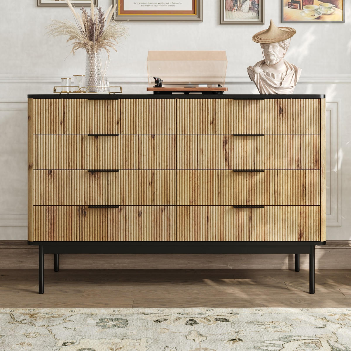 KOMODA 120/39,5/80 cm černá a přírodní z MDF s více zásuvkami - černá, kompozitní dřevo (120/80/39.5cm) - OKWISH