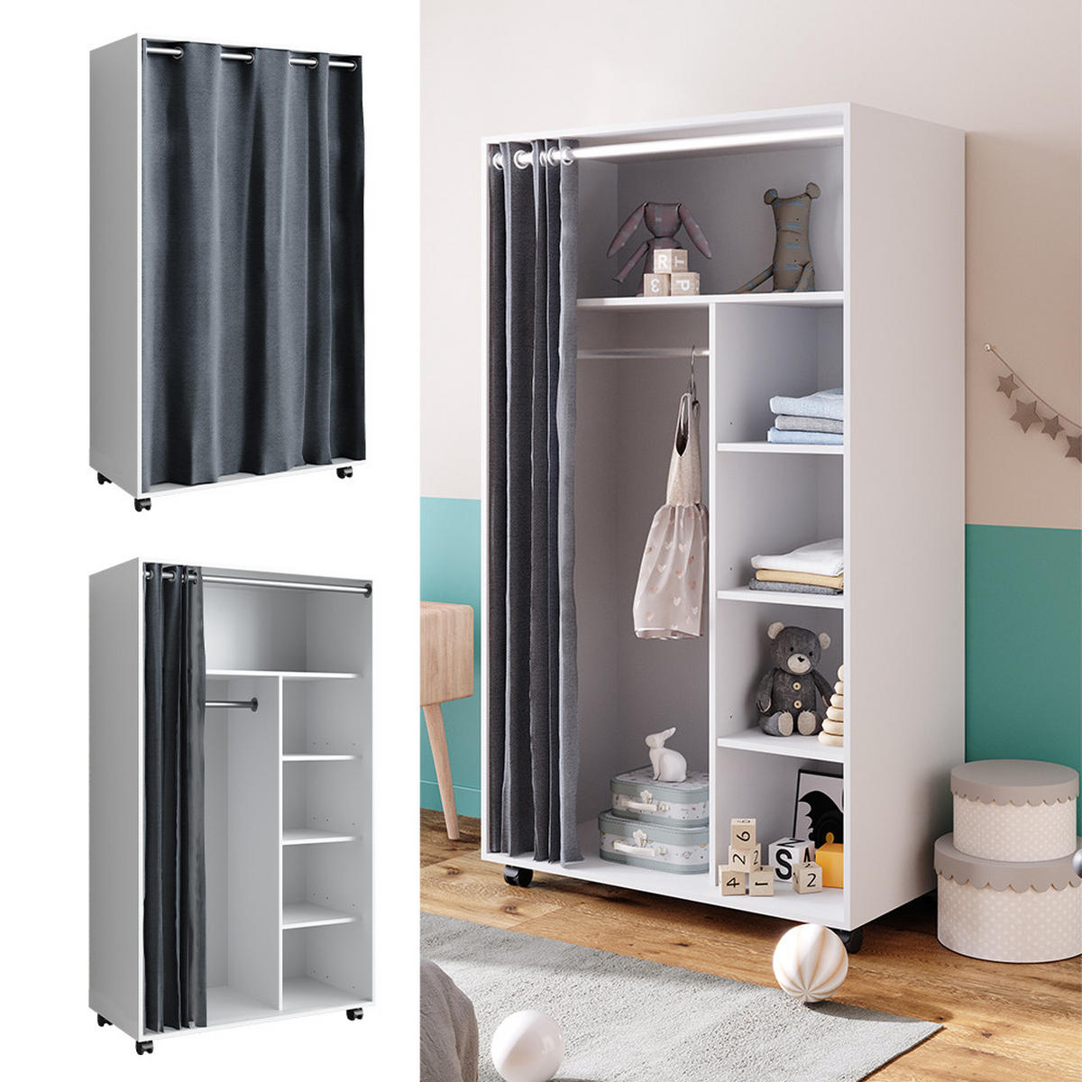 KLEIDERSCHRANK Doros Weiß 100 x 168 cm mit Rollen - Weiß, Holzwerkstoff (100/168/50cm) - Vicco