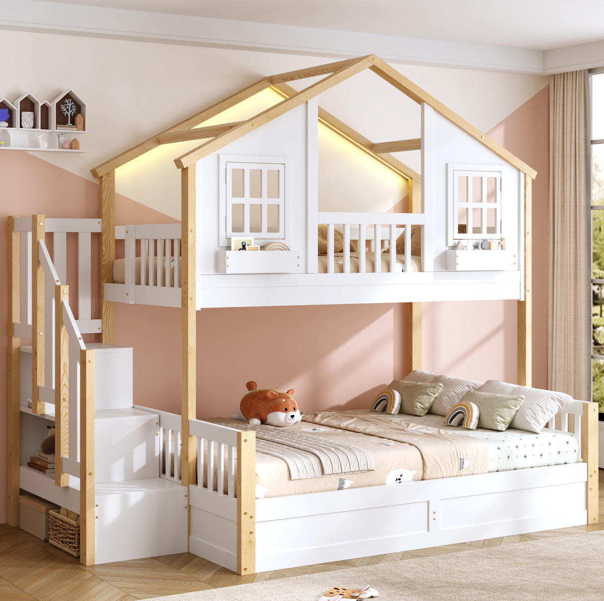 ETAGENBETT 140/200 cm weiß aus Kiefer mit LED und Stauraumtreppe - Weiß, Holzwerkstoff (90/200cm) - OKWISH
