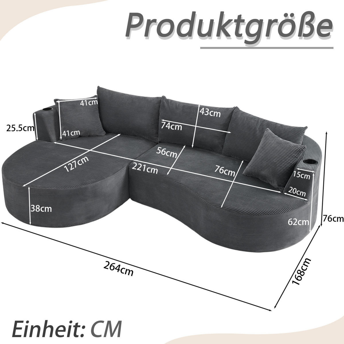 3-SITZER-SOFA mit Getränkehaltern, Kissen und bogenförmigem Design aus weichem Kordstoff, Grau - Grau, Kunststoff (264/76/168cm) - Redom