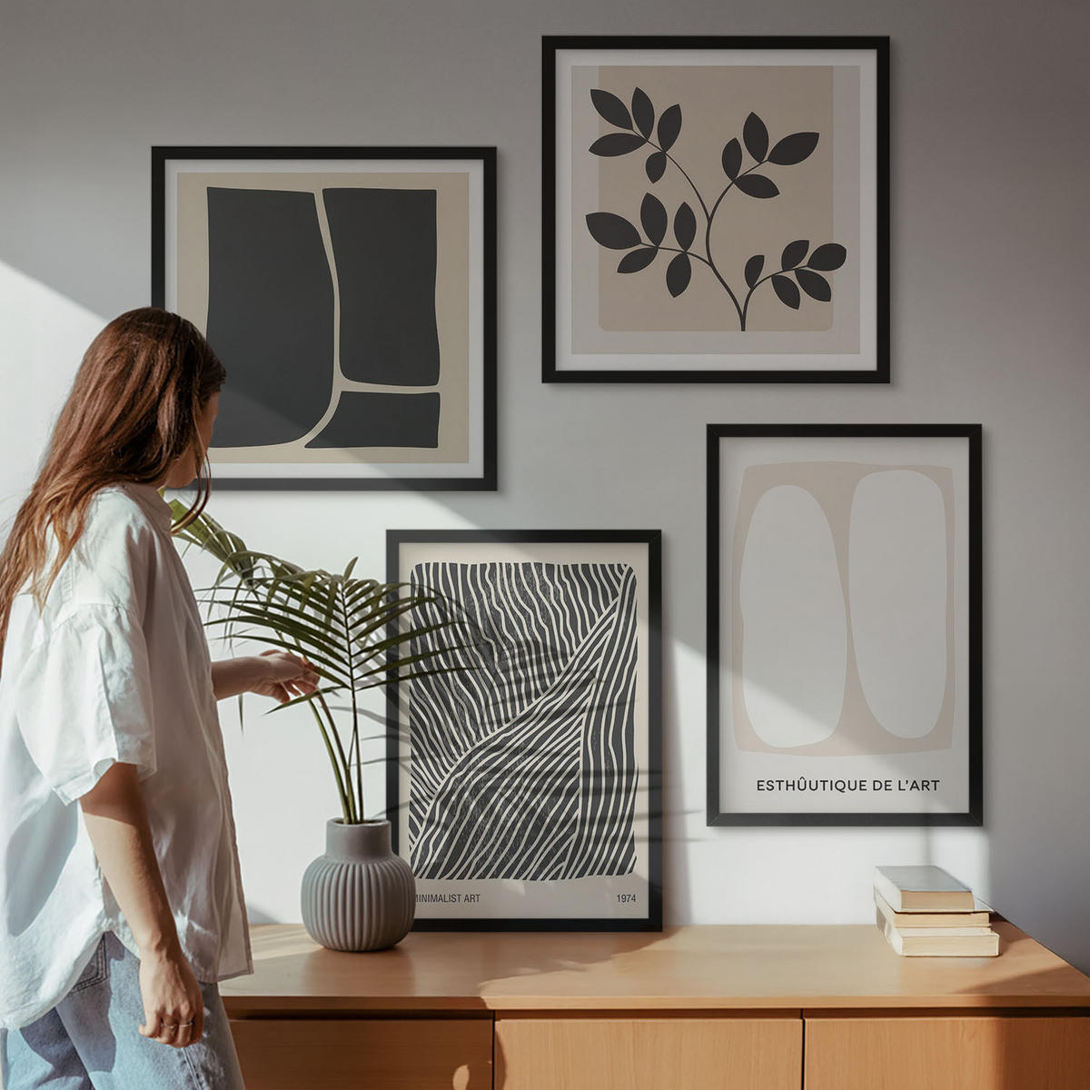 BILDER SET 4er Set - 50x50 cm & 40x60 cm Schwarzer Rahmen - Minimalistische Pflanzenmuster - Schwarz, Kunststoff (50/50cm) - TULUP