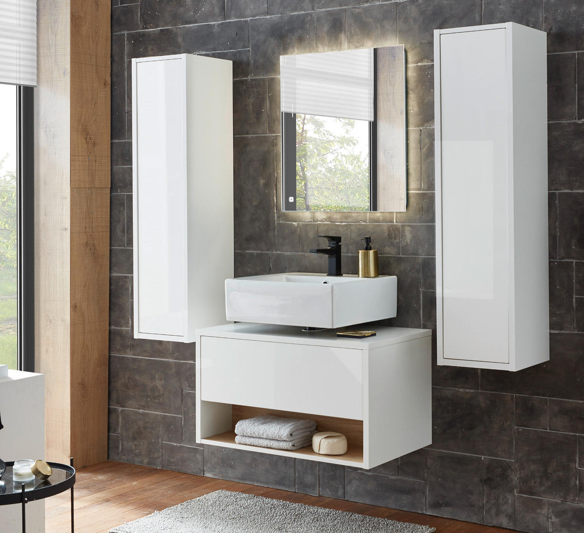 BADMÖBEL-SET 4-teilig weiß Hochglanz, Eiche 160 cm, Kombination mit LED Beleuchtung - Weiß Hochglanz/Eichefarben, Glas/Holzwerkstoff (160/190/46cm) - Furn.Design
