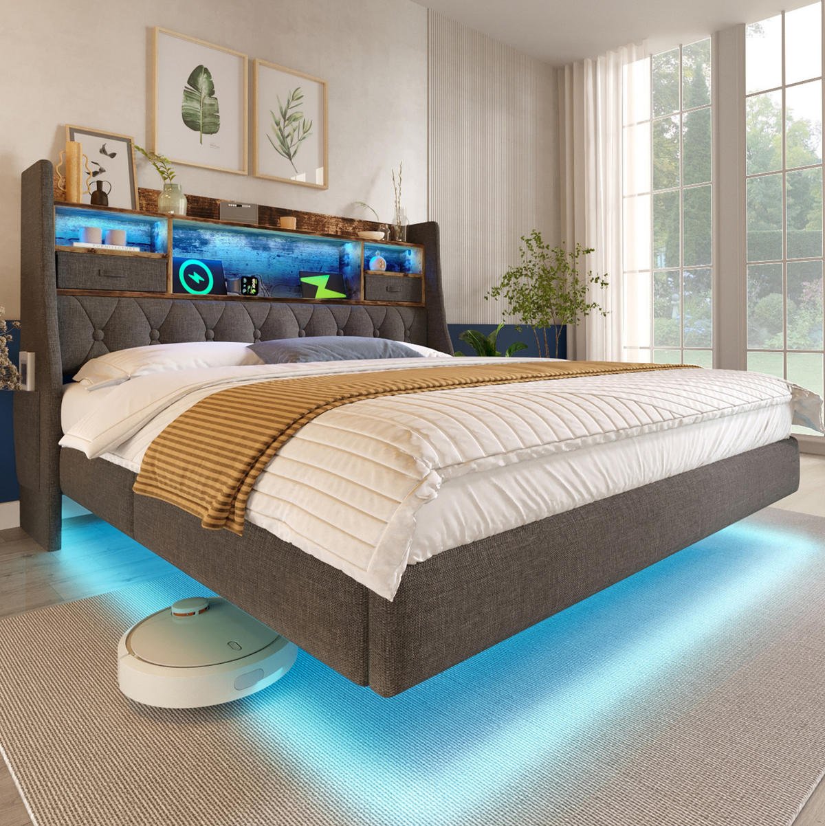 POLSTERBETT 140/200 cm grau aus Leinen mit LED und Ladestation - Grau, Textil (140/200cm) - OKMYHOME