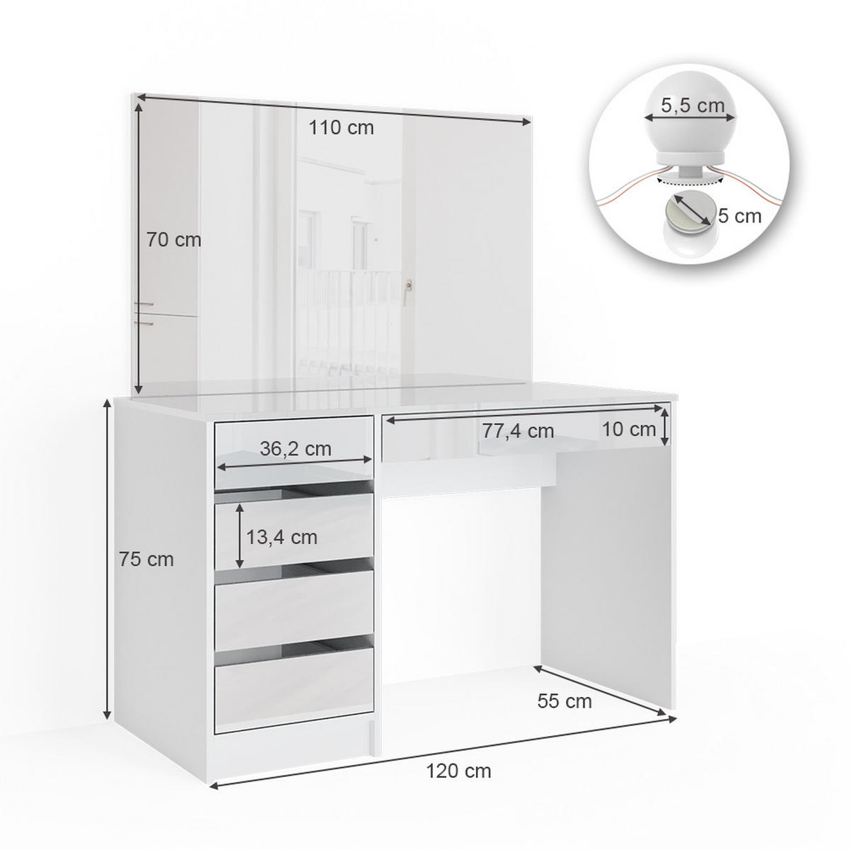 SCHMINKTISCH Sherry Weiß 120 cm mit LED Beleuchtung - Weiß, Holzwerkstoff (120/75/55cm) - Vicco