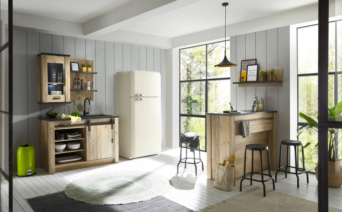 KÜCHEN-SET Used Wood hell, anthrazit, Küchenschrank Set 5-teilig mit Theke - Anthrazit/Schwarz, Glas/Holzwerkstoff (133/201/64cm) - Furn.Design