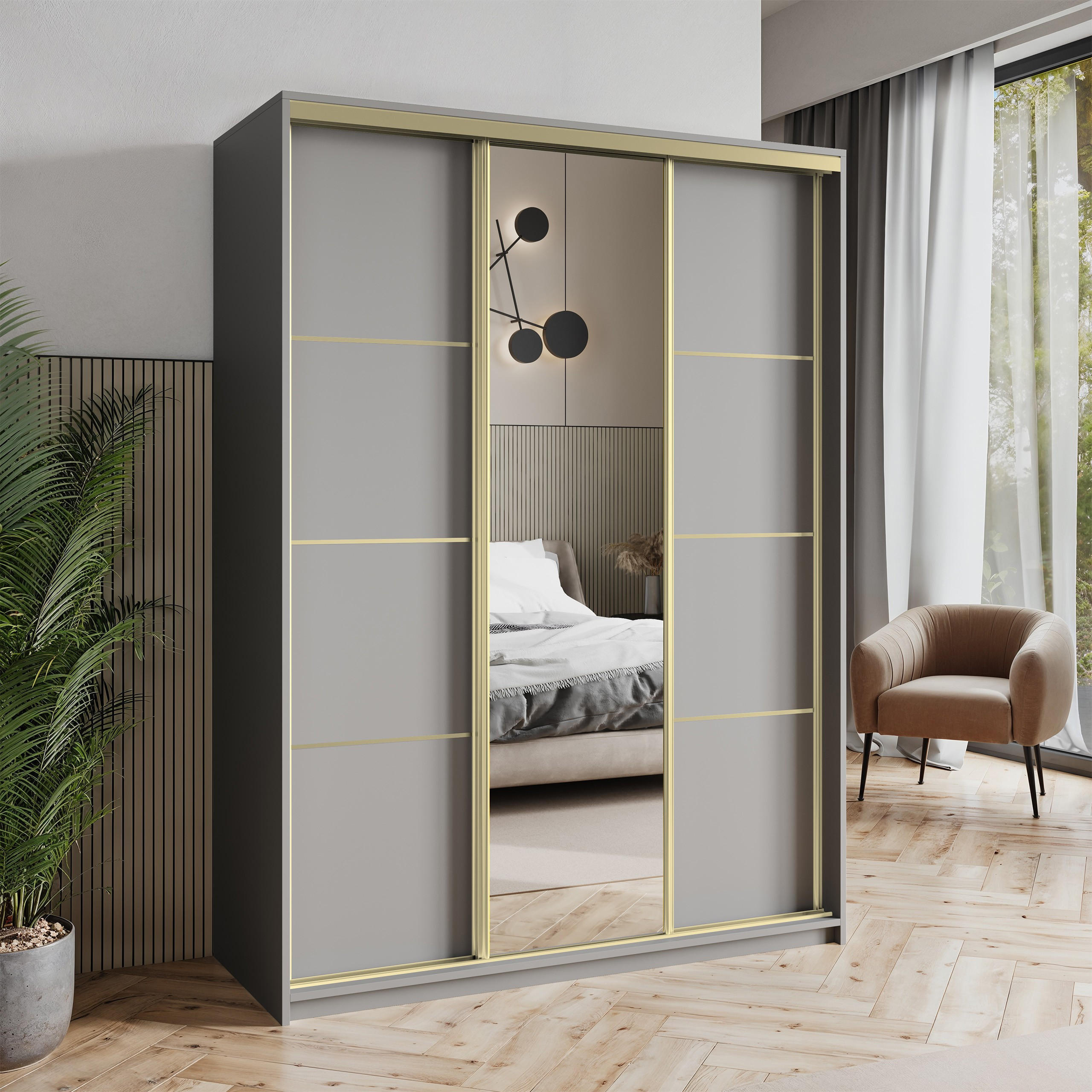 SCHWEBETÜRENSCHRANK VARO 150/205/60 cm 3-türig mit Spiegel Graphitfarben - Graphitfarben, Holzwerkstoff (150/205/60cm) - MASSENO