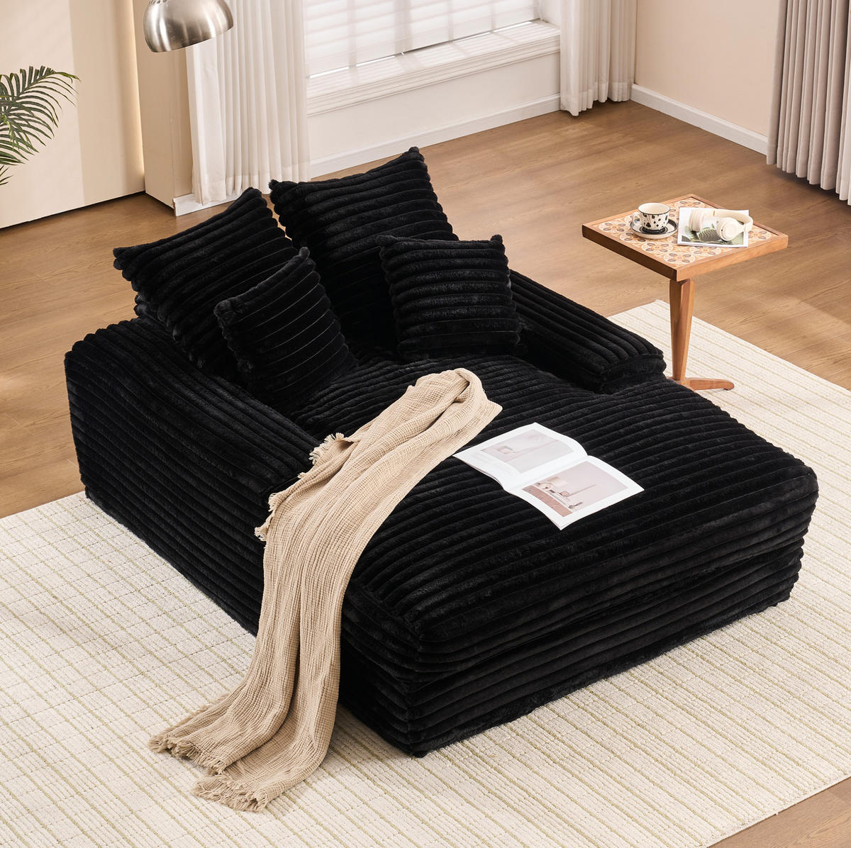 CHAISELONGUE Cord Schwarz 137 x 175 x 63 cm mit 4 Kissen - Pink, Kunststoff (137/63/175cm) - Beauniv