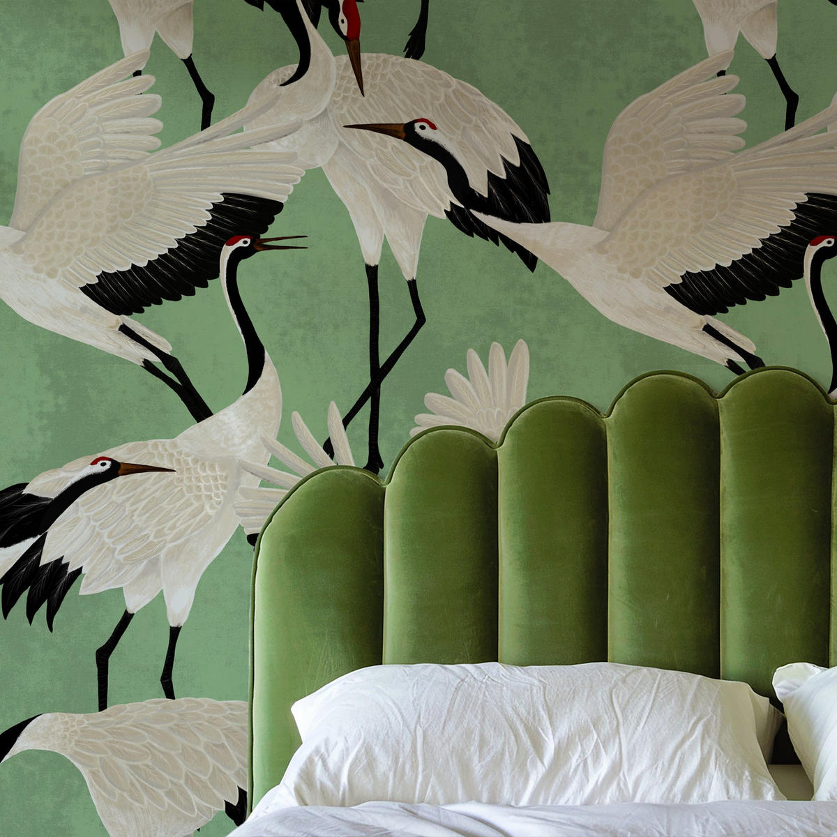 TAPETE Reiher aus echtem Papier, 200x280cm, 8 Bögen - Grün, Papier (200/280cm) - WALLPAPERS4BEGINNERS