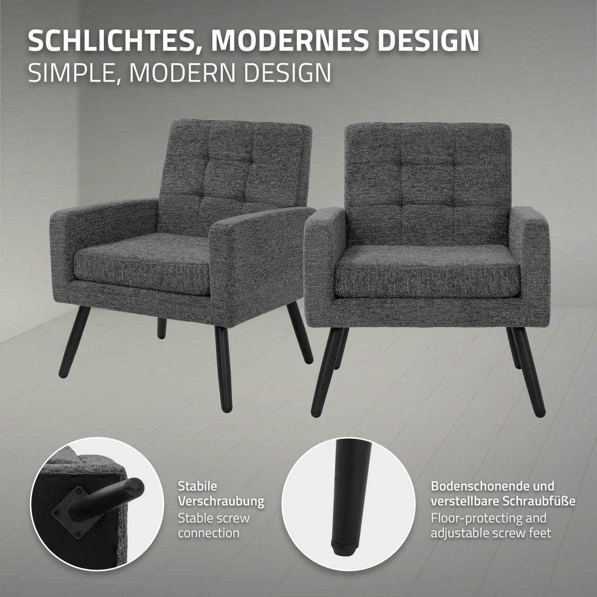 SESSEL mit Stahlbeinen und Webstruktur Relaxsessel 66,5x80x63,5 cm Anthrazit - Anthrazit/Schwarz, Textil/Metall (66.5/80/63.5cm) - ML-DESIGN