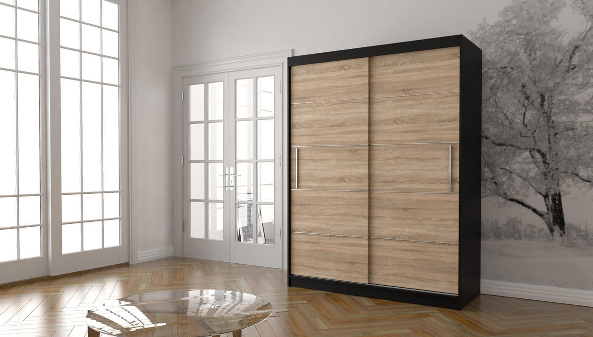 SCHIEBETÜRENSCHRANK - Lara 06 - Schwarz + Sonoma - Schwarz/Sonoma Eiche, Holzwerkstoff/Metall (150/200/61cm) - Möblo