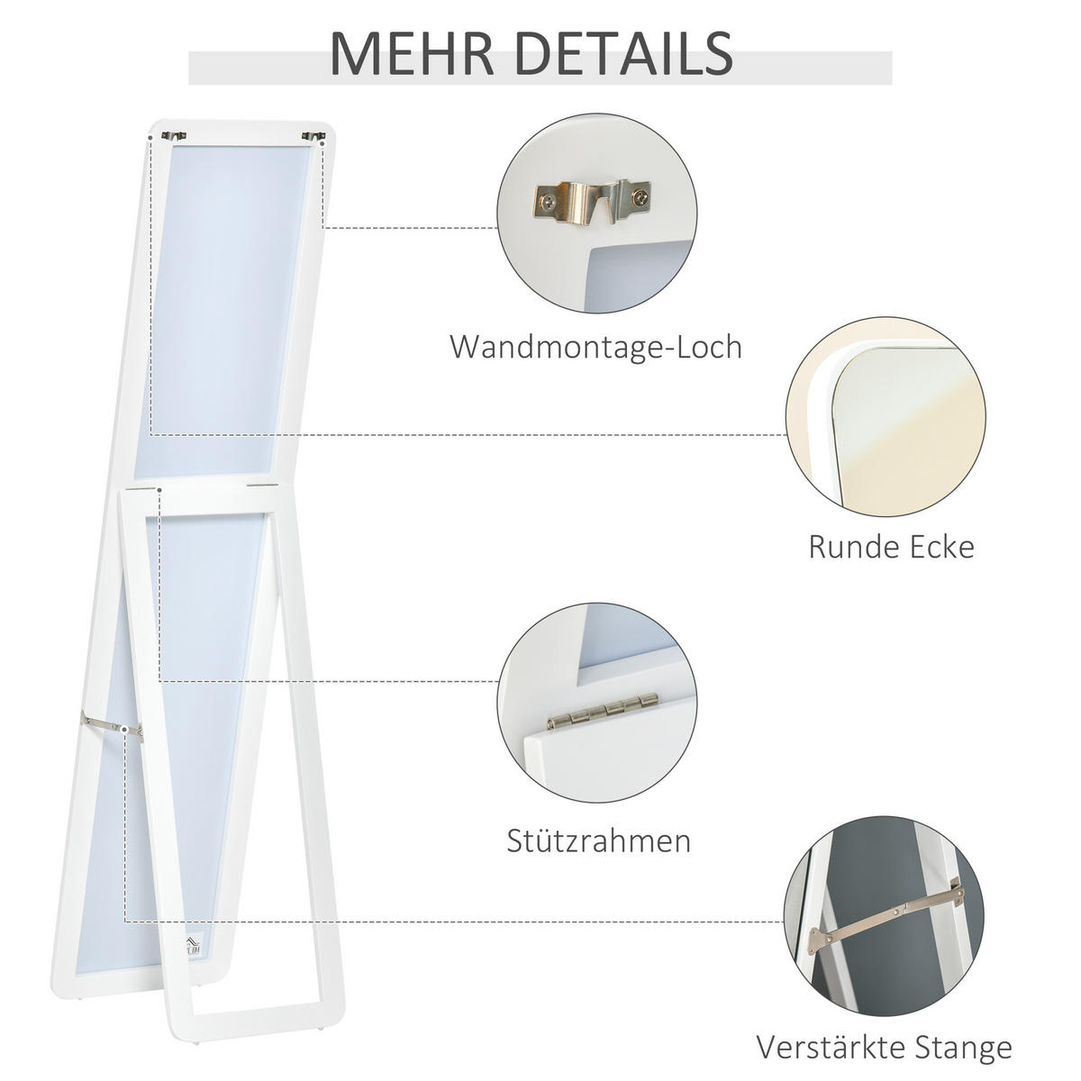 STANDSPIEGEL mit klappbaren Rahmen, stabil, Kiefernholz, MDF, Weiß - Weiß, Glas (43/156/37cm) - HOMCOM