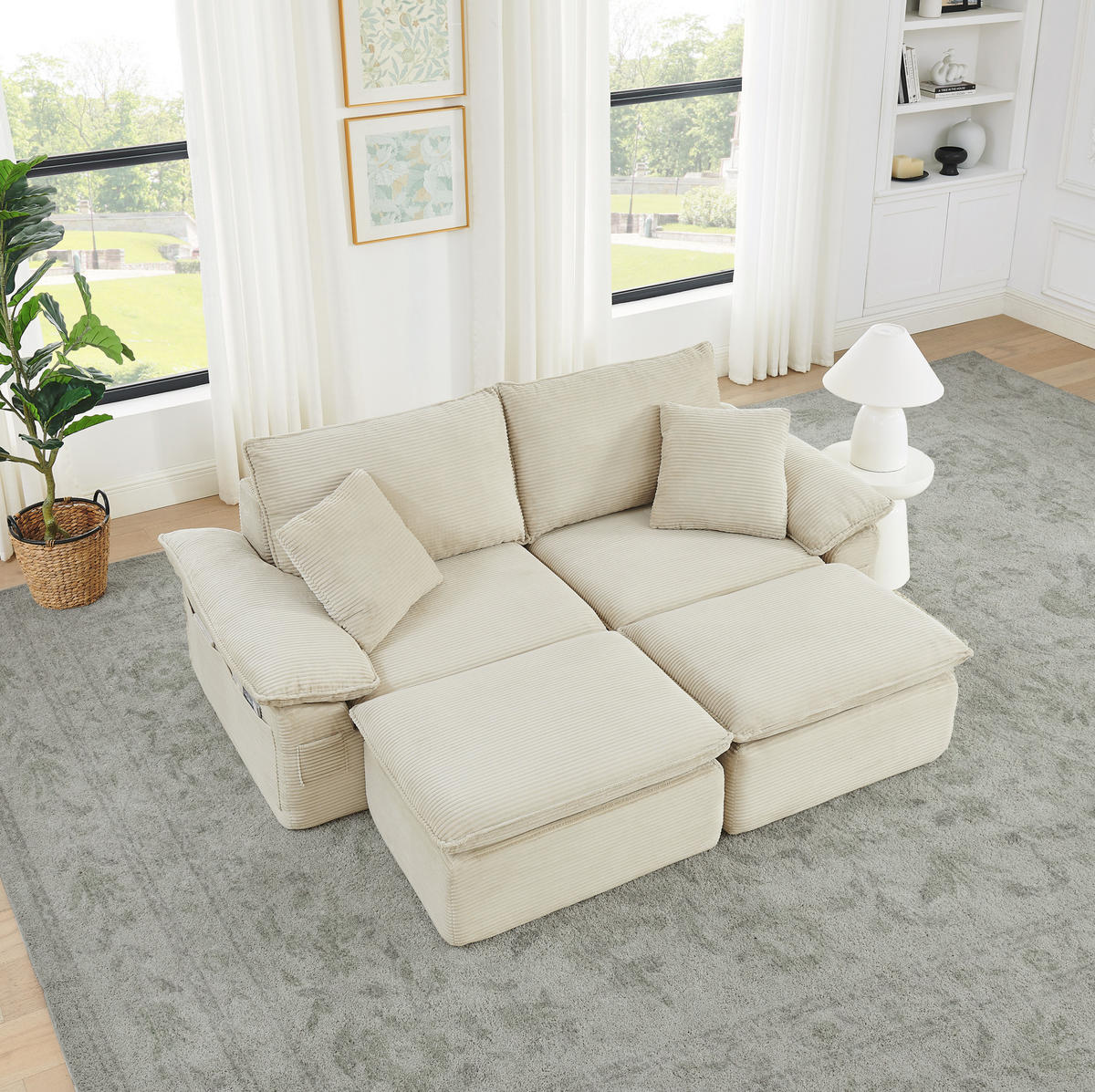 2-SITZER-BODENSOFA aus Stoff Beige ohne Montage mit Fußhocker und Aufbewahrungstaschen - Beige, Textil (156/65/206cm) - Modfu