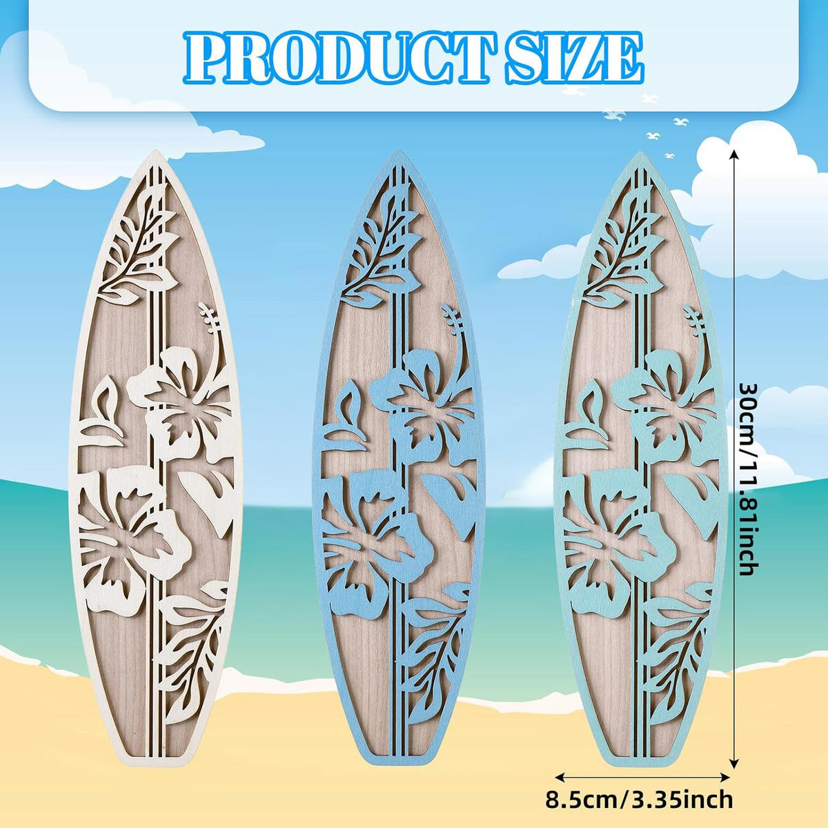 WANDDEKO Türkis Surfbrett Holz 3er Set，30*9 - Hellblau, Holzwerkstoff (30/1cm) - Authentics