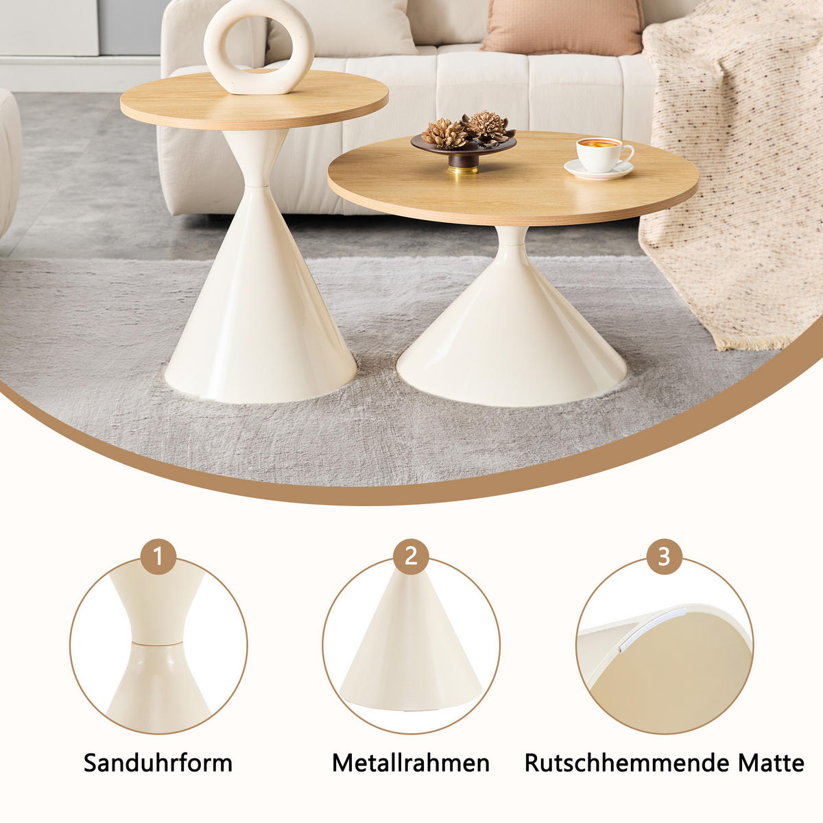 COUCHTISCH-SET DE-37434 2er-Set konusförmig mit Holzoptik Naturholz/Creme - Creme/Naturfarben, Metall (50/50/50cm) - ComfortXL