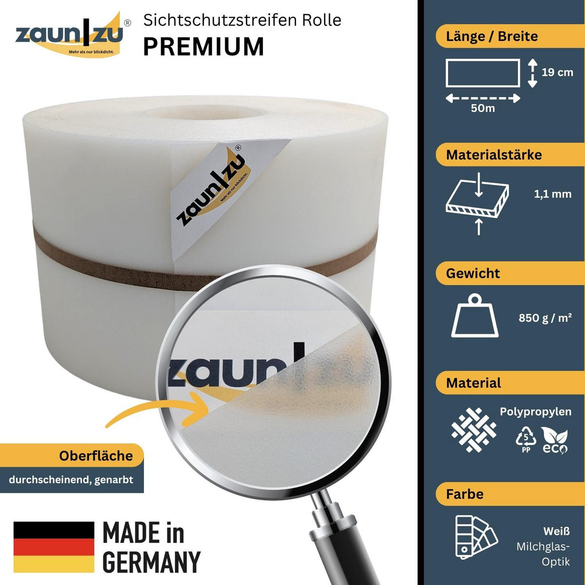 SICHTSCHUTZSTREIFEN Premium für Doppelstabmatten Zaunblende Milchglas Optik, 50m - Transparent, Kunststoff (5000/19cm) - ZAUN|ZU