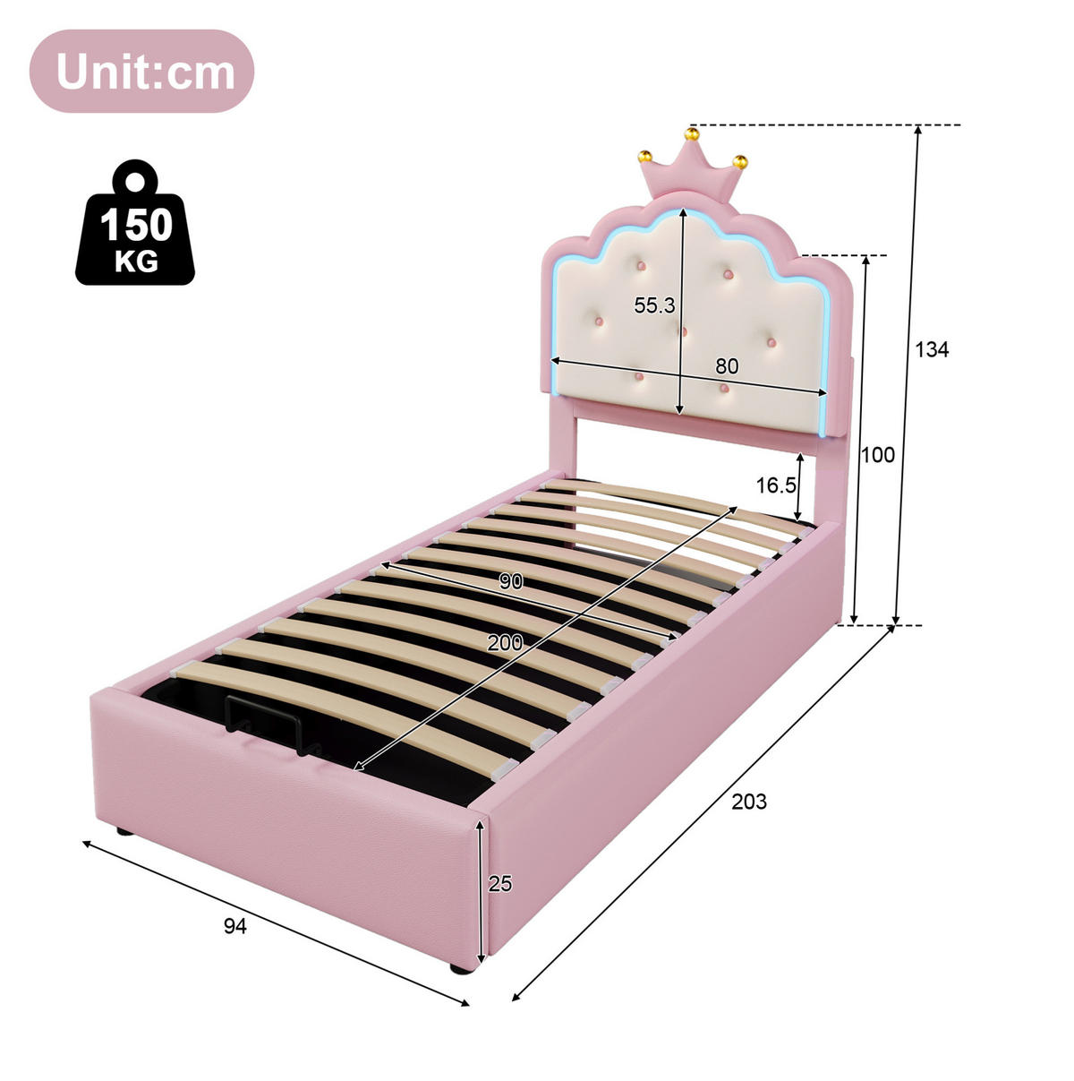 POLSTERBETT 90/200 cm aus PU mit LED-Ambientelicht und hydraulischem Stauraum Rosa - Pink, Kunststoff (90/200cm) - Modenvie