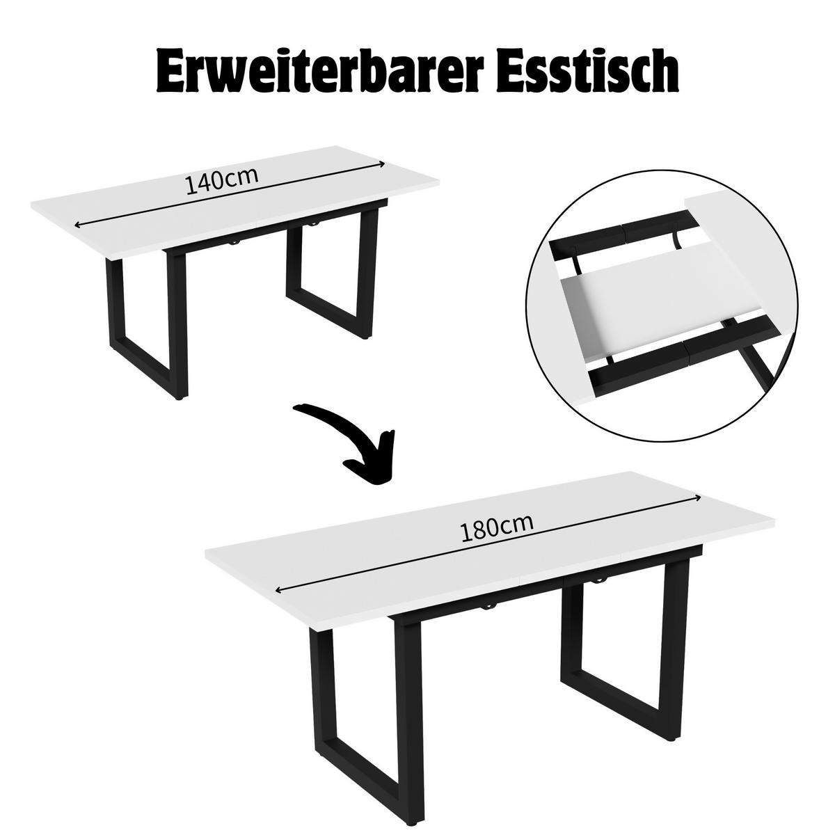 ESSTISCH Erweiterbar Weiß Schwarz Industriestil 140-180x80cm - Weiß, Holzwerkstoff (180/80/75cm) - FLIEKS